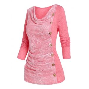 

Side Buttons Lace Ruched T Shirt, Light pink