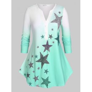 

Plus Size Stars Print Ombre Color Tee, Light green