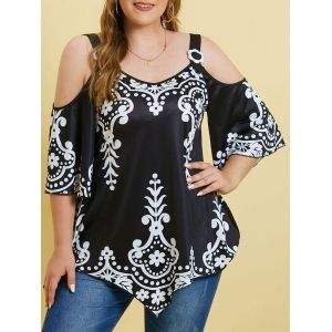 

Printed Cold Shoulder Rings Plus Size Top, Black