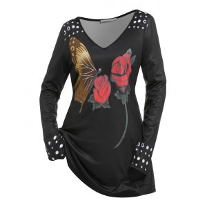 

Plus Size Flower Butterfly Printed T Shirt, Black