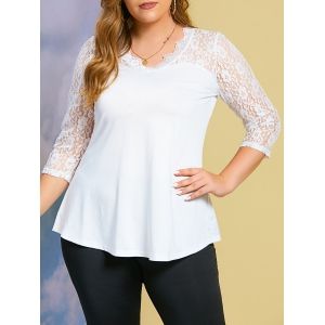 

V Neck Solid Lace Panel Plus Size Top, White