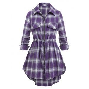 

Plus Size Drawstring Full Zip Plaid High Low Shirt, Purple