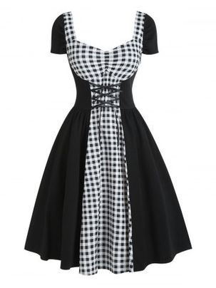 Star Gingham Ruched Lace Up Sweetheart Neck Dress