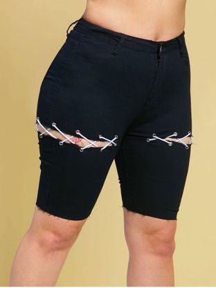 Raw Hem Lace Up Plus Size Biker Denim Shorts