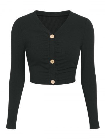 Button Up Ruched Cropped Cardigan - BLACK - L