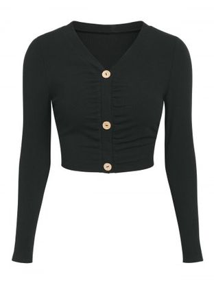 Button Up Ruched Cropped Cardigan