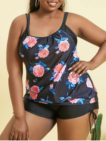 Plus Size Flower Print Cinched Double Up Blouson Modest Tankini Swimsuits - BLACK - L