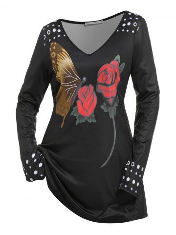 Plus Size Rose Butterfly Printed T Shirt - BLACK - 2X