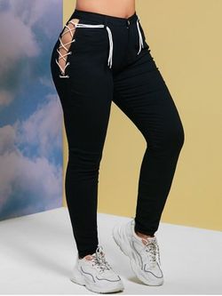 Lace Up Side Plus Size Skinny Pants - BLACK - 5XL