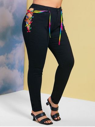 Skinny Colorful Lace Up Side Plus Size Jeans