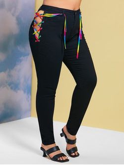 Skinny Colorful Lace Up Side Plus Size Jeans - BLACK - 4XL