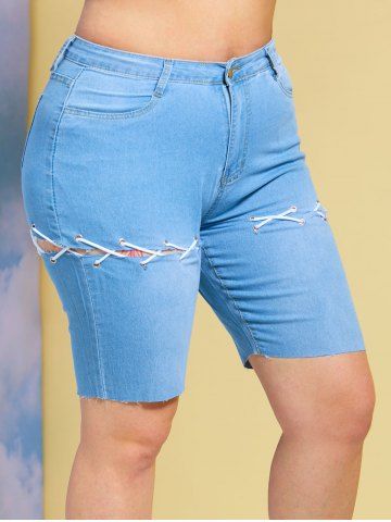 Raw Hem Lace Up Plus Size Biker Denim Shorts - LIGHT BLUE - 5XL