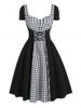 Star Gingham Ruched Lace Up Sweetheart Neck Dress -  