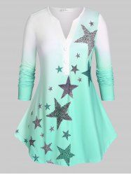 Plus Size Stars Print Ombre Color Tee -  