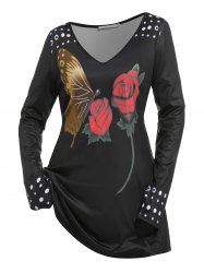 Plus Size Rose Butterfly Printed T Shirt -  