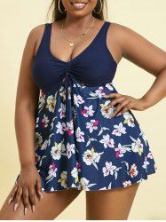 Plus Size Flower Print Cinched Keyhole Modest Swim Dress Sets -  