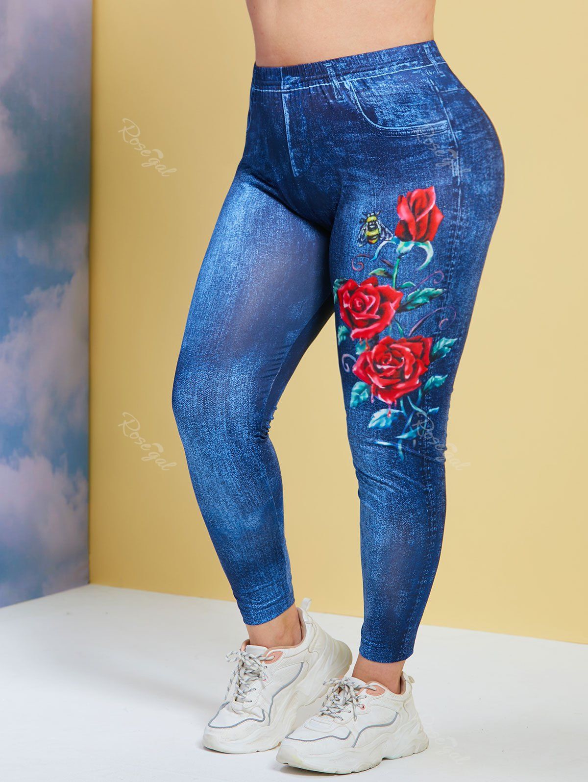 Online Insect Rose 3D Print Plus Size Jeggings  