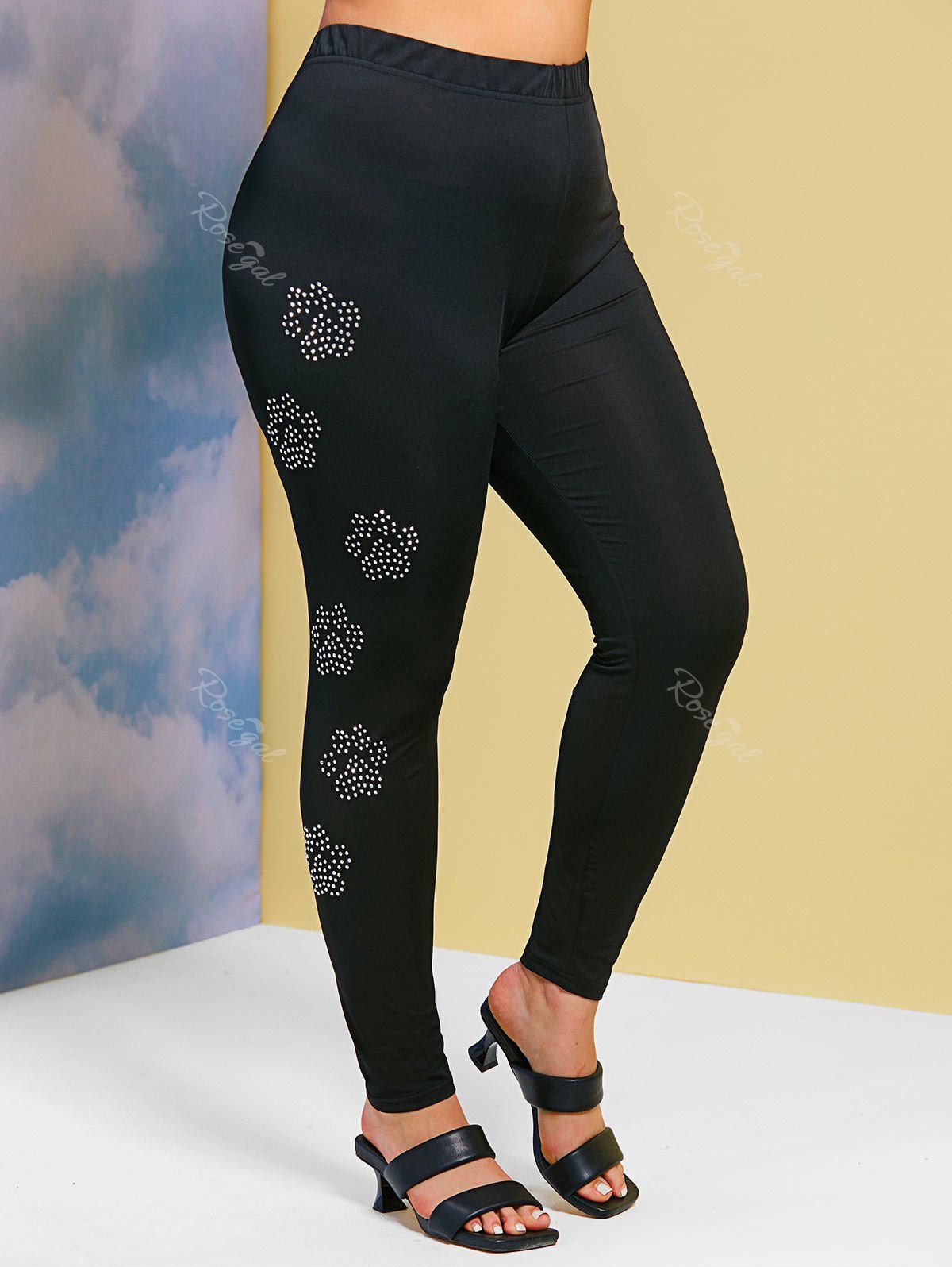 Fancy Plus Size Floral Rhinestone Side Skinny Pants  