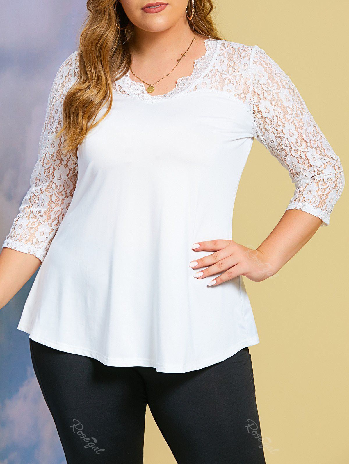 Hot V Neck Solid Lace Panel Plus Size Top  