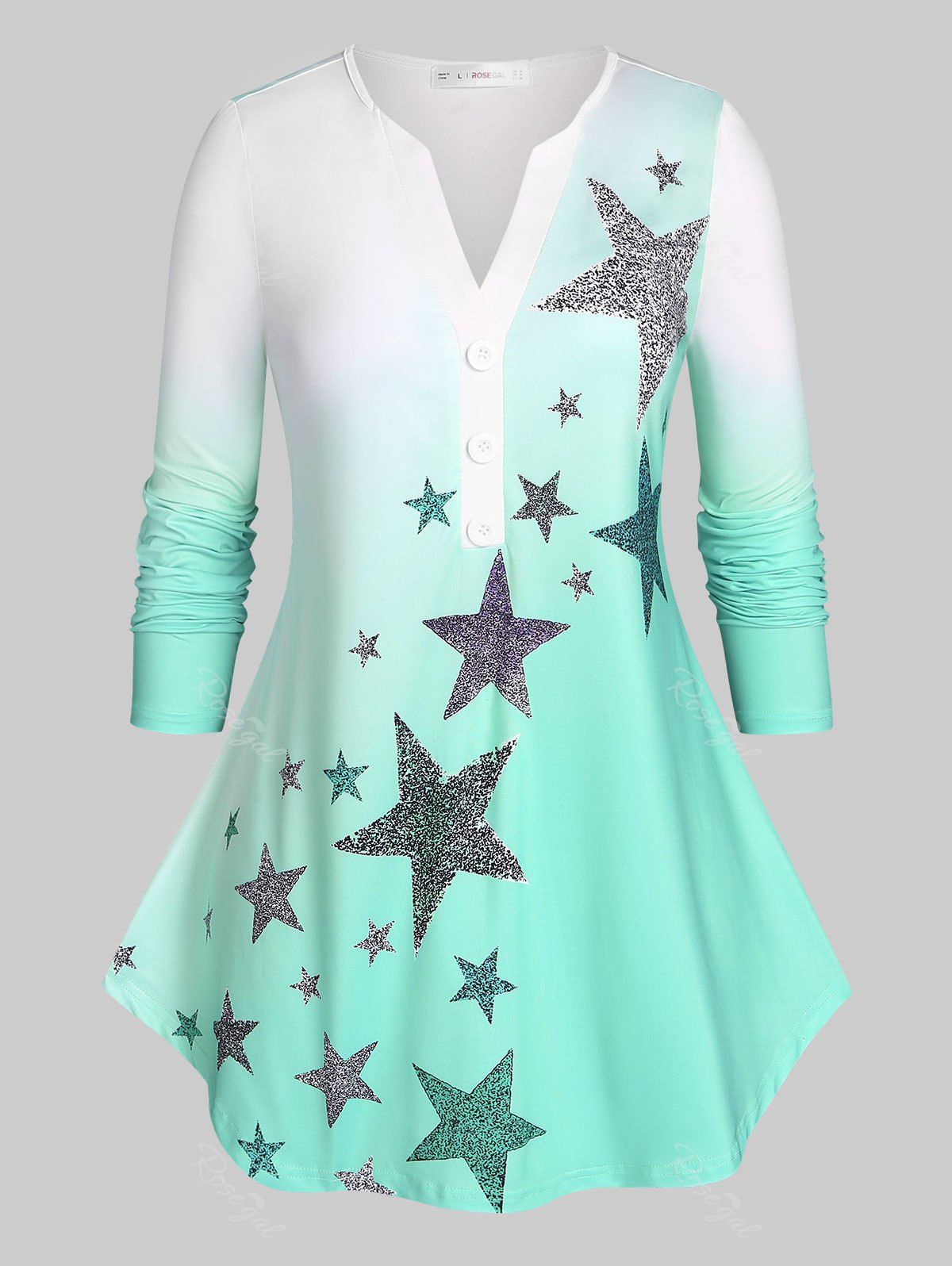 Latest Plus Size Stars Print Ombre Color Tee  