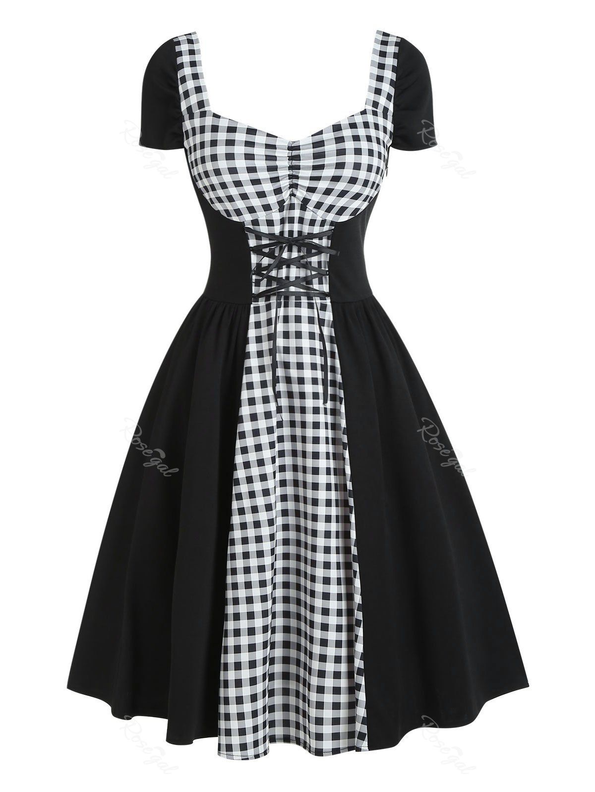 Discount Star Gingham Ruched Lace Up Sweetheart Neck Dress  