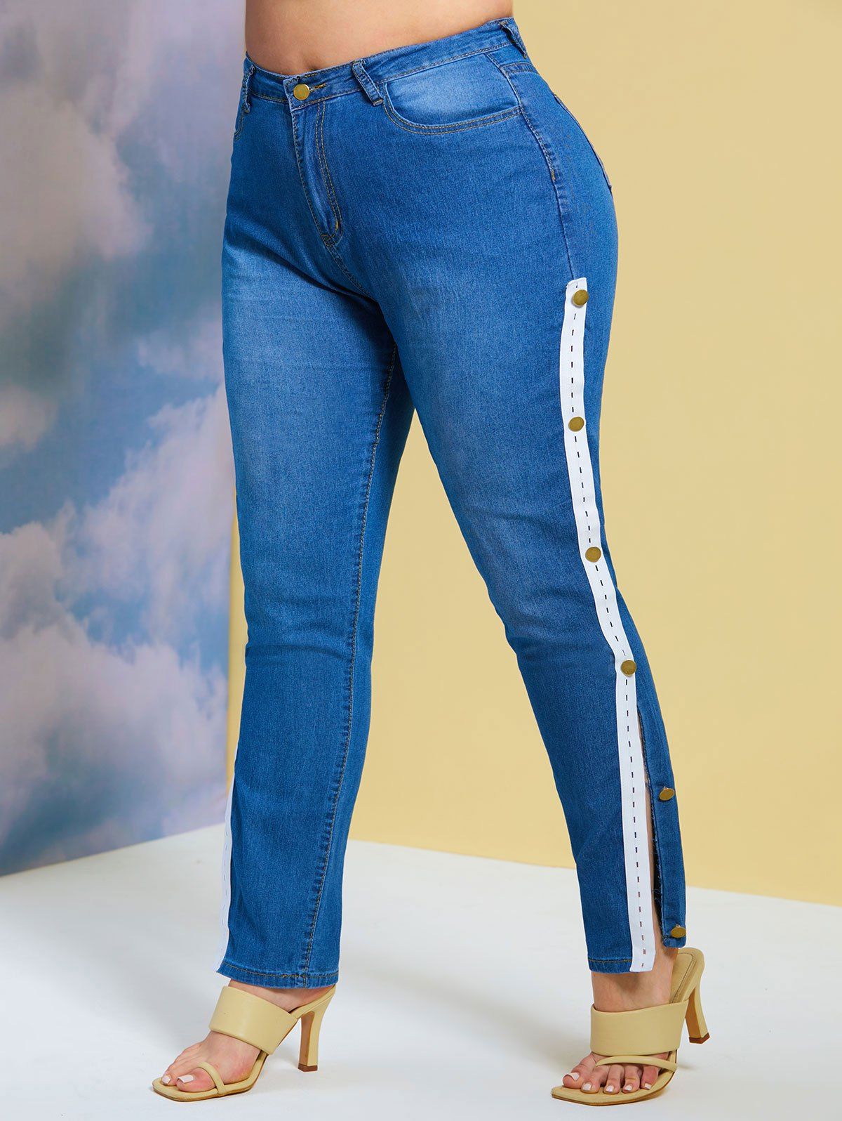 Unique Side Buttoned Tape Skinny Plus Size Jeans  