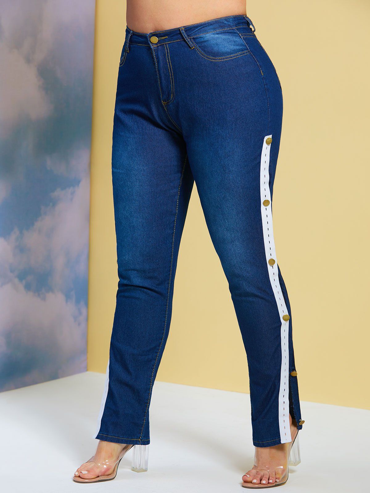 Trendy Side Buttoned Tape Skinny Plus Size Jeans  