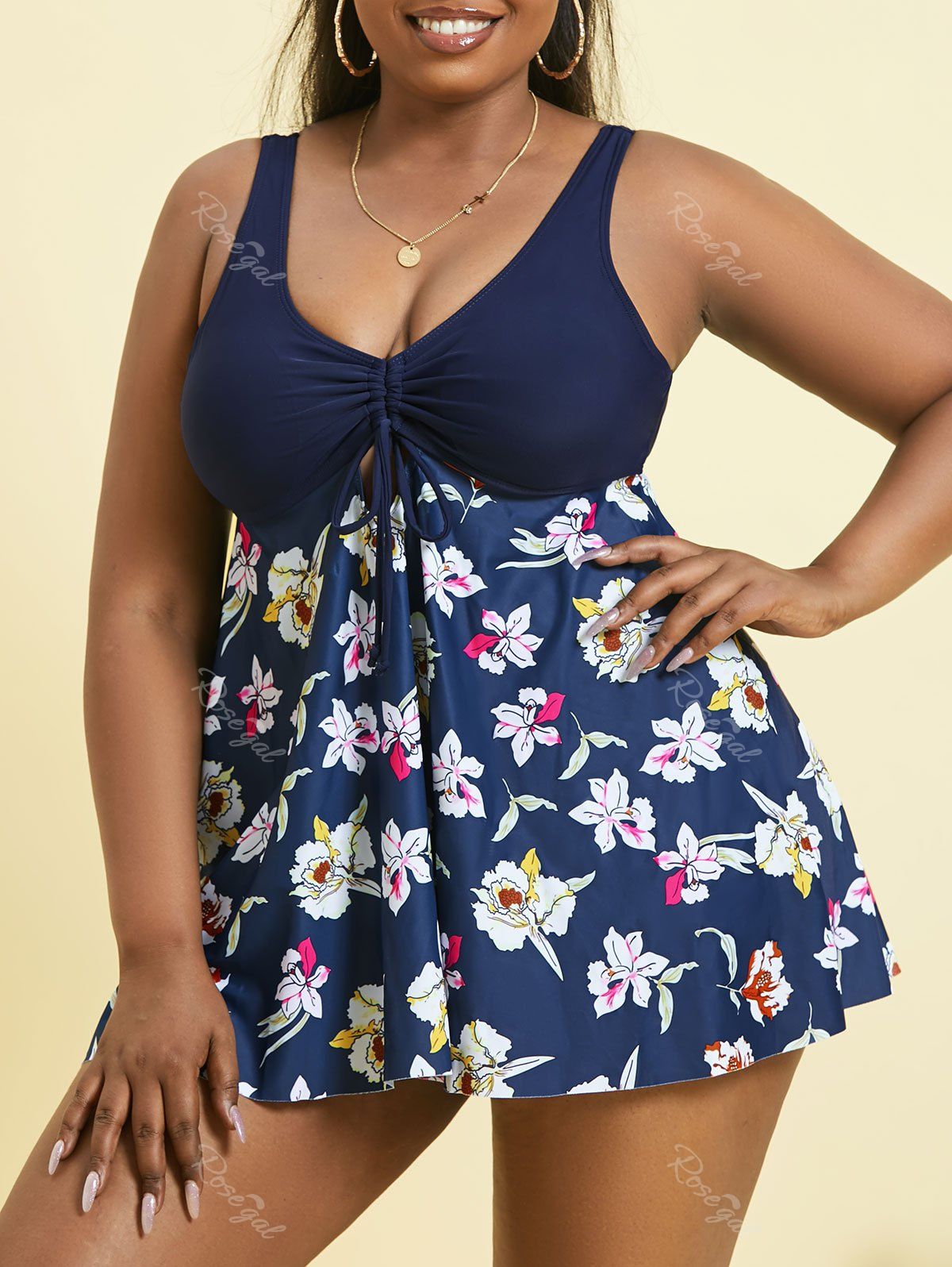 Chic Plus Size Flower Print Cinched Keyhole Modest Swim Dress Sets  