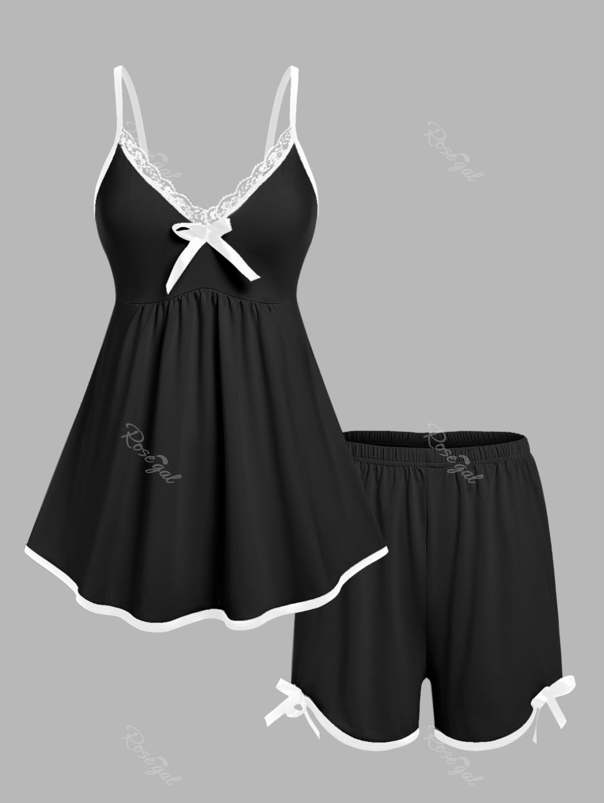 Outfit Plus Size Lace Trim Binding Bowknot PJ Two Piece Short Set  