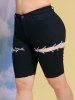 Raw Hem Lace Up Plus Size Biker Denim Shorts -  
