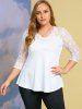 V Neck Solid Lace Panel Plus Size Top -  
