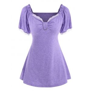 

Lace Panel Ruffle D Ring Knotted T Shirt, Light purple