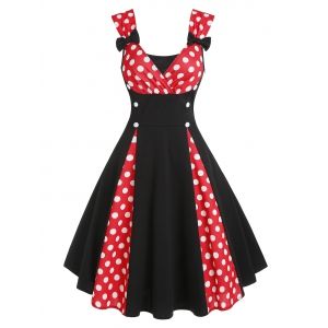 

Plaid Polka Dot Bowknot Mock Button Surplice Dress, Red