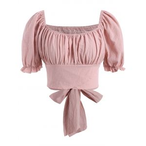 

Plus Size Smocked Back Knot Puff Sleeve Milkmaid Blouse, Light pink