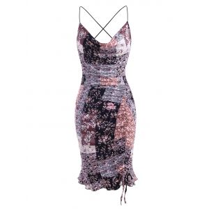 

Plus Size Cowl Neck Floral Patchwork Print Ruched Slinky Ruffle Dress, Multi