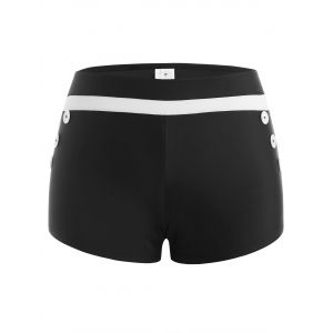 

Striped Mock Button Boyleg Swim Bottom, Black