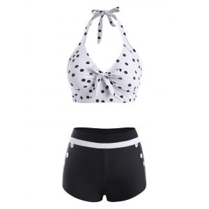 

Bowknot Polka Dot Mock Button Halter Tankini Swimwear, Black