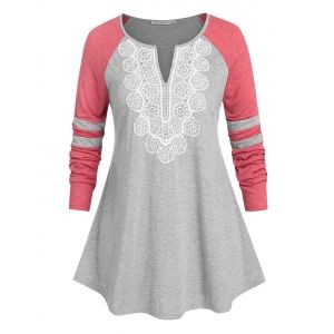 

Plus Size Lace Raglan Sleeve Colorblock T Shirt, Gray