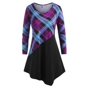 

Plus Size Plaid Uneven Hem Patchwork Tunic Tee, White