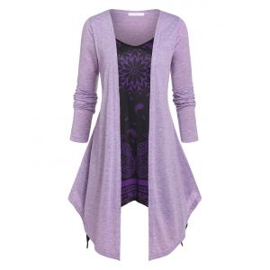 

Plus Size Faux Twinset Paisley Print Asymmetric Tee, Light purple