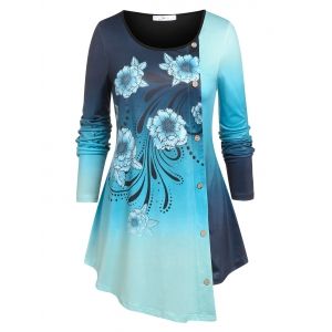 

Plus Size Floral Print Ombre Color Asymmetric T-shirt, Blue