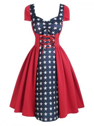 Estrella gingham ruchada encaje hacia arriba vestido de cuello cariño - RED - L