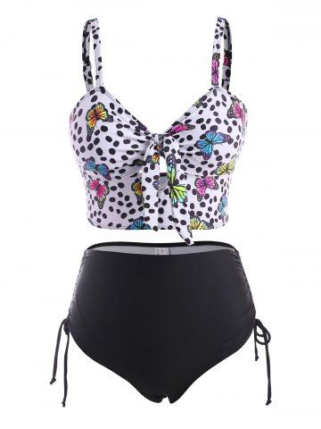 Dotted Butterfly Print Knot Cinched Ruched Tankini Swimwear - BLACK - S