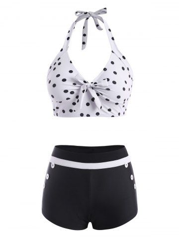 Bowknot Polka Dot Mock Button Halter Tankini Swimwear - BLACK - S