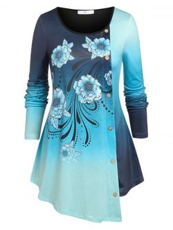 Plus Size Floral Print Ombre Color Asymmetric T-shirt - BLUE - 1X