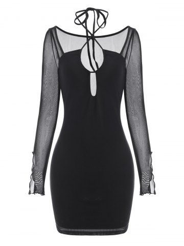 Mesh Halter Cross Long Sleeve Dress - BLACK - S