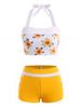 Mock Button Sunflower Print Striped Halter Tankini Swimwear -  