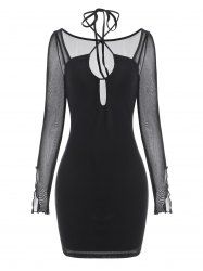 Mesh Halter Cross Long Sleeve Dress -  