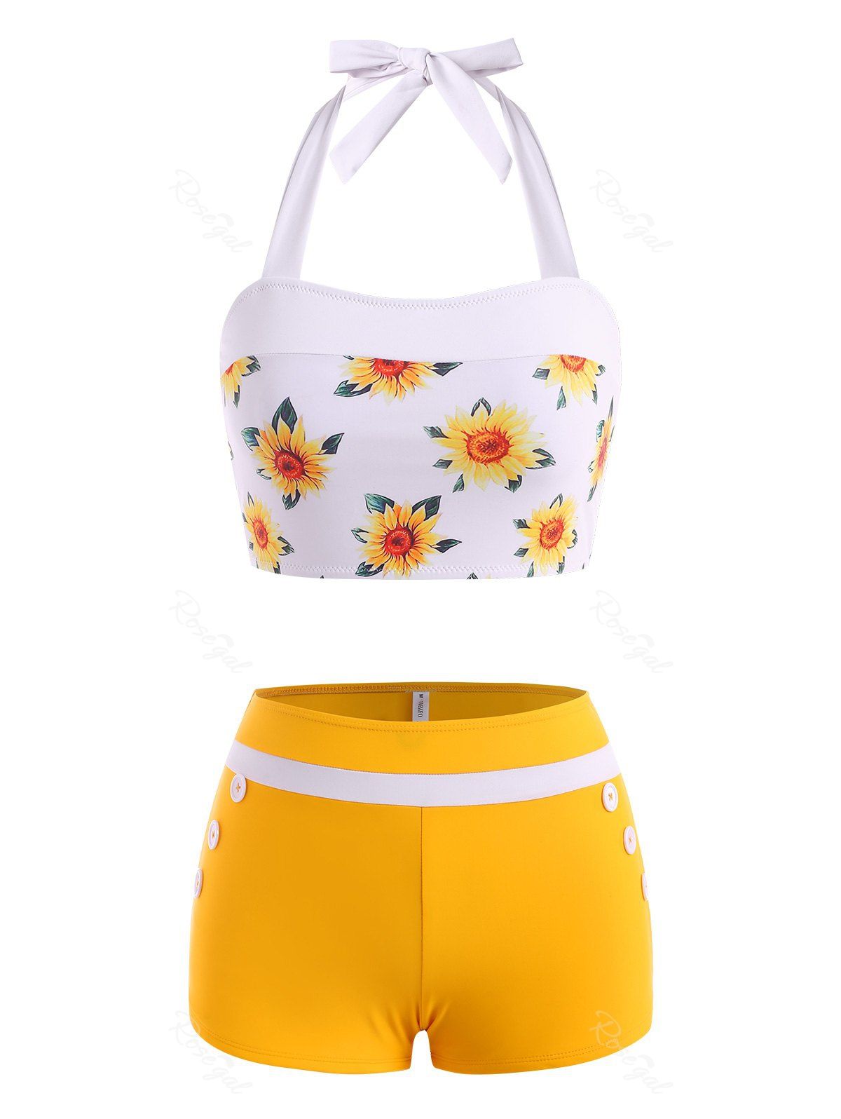 Online Mock Button Sunflower Print Striped Halter Tankini Swimwear  