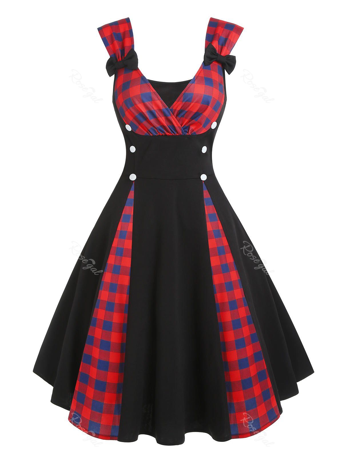 Chic Plaid Polka Dot Bowknot Mock Button Surplice Dress  